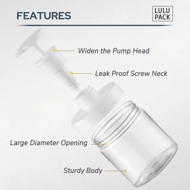 Alt view image 3 of 7 - Lulupack 8oz Wide Mouth Pump Bottle, Small Dispenser for Soap & Lotion 2PCS | Plastic empty bottle for shower, refillable jar for shampoo, conditioner, hand soap, body wash, bathroom container, clear