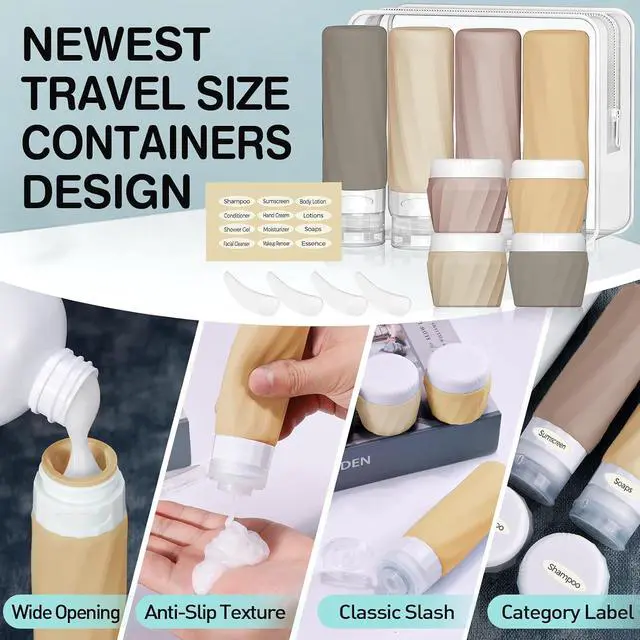 Alt view image 5 of 7 - 14pack Travel Bottles for Toiletries, TSA Approved Travel Size Toiletries Containers Set, Premium Silicone Leak Proof Refillable Squeezable & Creams jars Accessories Kit W/Clear Bag (Apricot)