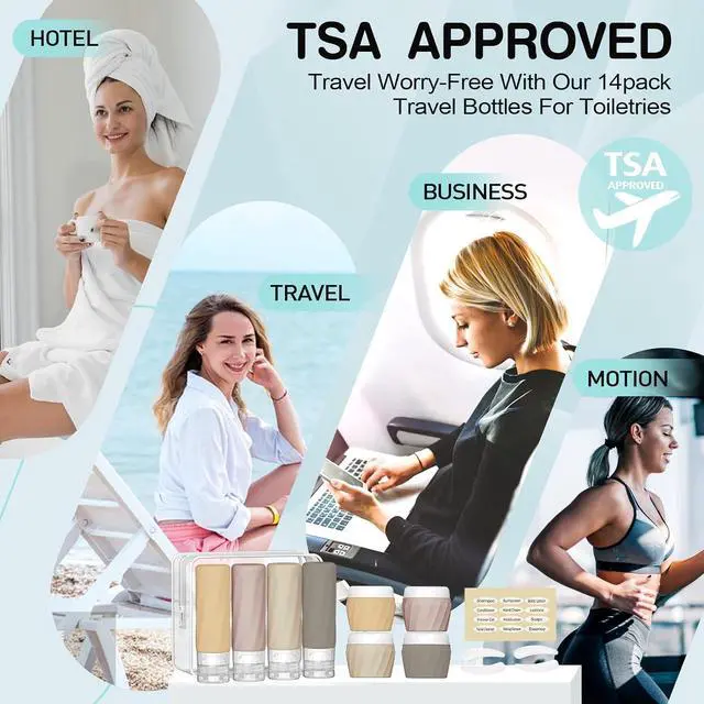 Alt view image 7 of 7 - 14pack Travel Bottles for Toiletries, TSA Approved Travel Size Toiletries Containers Set, Premium Silicone Leak Proof Refillable Squeezable & Creams jars Accessories Kit W/Clear Bag (Apricot)