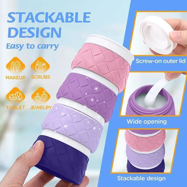 Alt view image 5 of 7 - 16 Pack Travel Bottles for Toiletries, TSA Approved Travel Size Toiletries Containers Set, BPA-Free Silicone Leak Proof Refillable Bottles Stackable Creams Jars Accessories Kit W/Clear Bag(Purple)