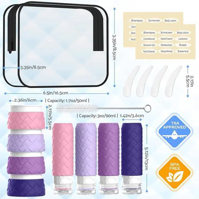 Alt view image 2 of 7 - 16 Pack Travel Bottles for Toiletries, TSA Approved Travel Size Toiletries Containers Set, BPA-Free Silicone Leak Proof Refillable Bottles Stackable Creams Jars Accessories Kit W/Clear Bag(Purple)