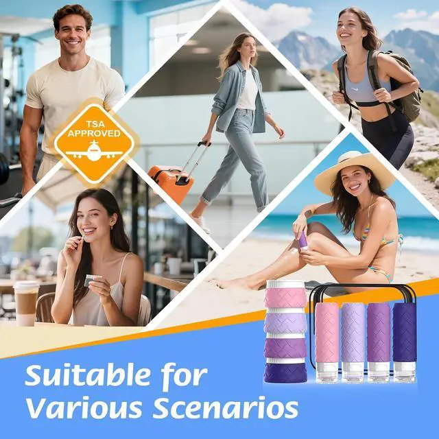 Alt view image 7 of 7 - 16 Pack Travel Bottles for Toiletries, TSA Approved Travel Size Toiletries Containers Set, BPA-Free Silicone Leak Proof Refillable Bottles Stackable Creams Jars Accessories Kit W/Clear Bag(Purple)