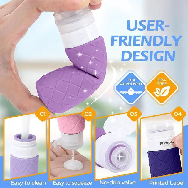 Alt view image 4 of 7 - 16 Pack Travel Bottles for Toiletries, TSA Approved Travel Size Toiletries Containers Set, BPA-Free Silicone Leak Proof Refillable Bottles Stackable Creams Jars Accessories Kit W/Clear Bag(Purple)