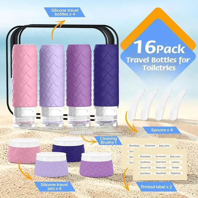 Alt view image 3 of 7 - 16 Pack Travel Bottles for Toiletries, TSA Approved Travel Size Toiletries Containers Set, BPA-Free Silicone Leak Proof Refillable Bottles Stackable Creams Jars Accessories Kit W/Clear Bag(Purple)