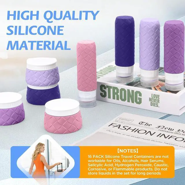 Alt view image 6 of 7 - 16 Pack Travel Bottles for Toiletries, TSA Approved Travel Size Toiletries Containers Set, BPA-Free Silicone Leak Proof Refillable Bottles Stackable Creams Jars Accessories Kit W/Clear Bag(Purple)