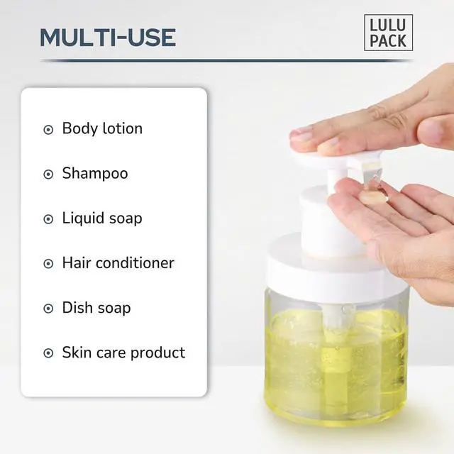 Alt view image 4 of 7 - Lulupack 8oz Wide Mouth Pump Bottle, Small Dispenser for Soap & Lotion 2PCS | Plastic empty bottle for shower, refillable jar for shampoo, conditioner, hand soap, body wash, bathroom container, clear
