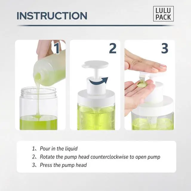 Alt view image 6 of 7 - Lulupack 8oz Wide Mouth Pump Bottle, Small Dispenser for Soap & Lotion 2PCS | Plastic empty bottle for shower, refillable jar for shampoo, conditioner, hand soap, body wash, bathroom container, clear
