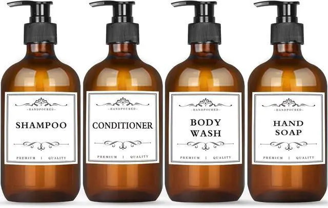 Main image of 4 Pack 16.9 Oz Shampoo and Conditioner Hand Soap Dispenser Refillable Pump Bottles with Waterproof Labels (Amber)