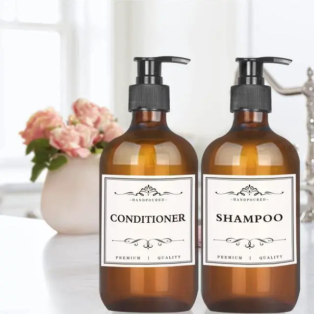 Alt view image 5 of 7 - 4 Pack 16.9 Oz Shampoo and Conditioner Hand Soap Dispenser Refillable Pump Bottles with Waterproof Labels (Amber)