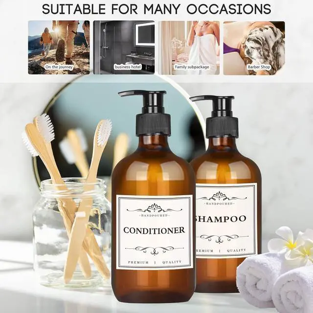 Alt view image 6 of 7 - 4 Pack 16.9 Oz Shampoo and Conditioner Hand Soap Dispenser Refillable Pump Bottles with Waterproof Labels (Amber)