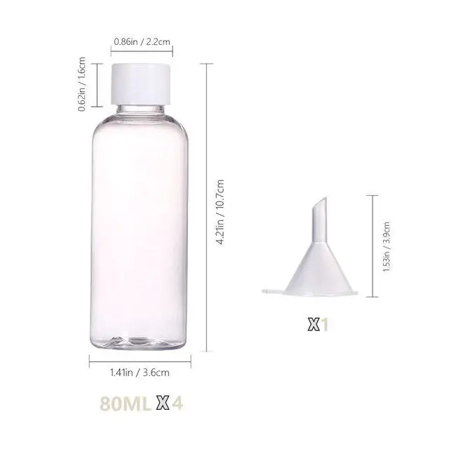 Alt view image 7 of 7 - 4pcs Travel Bottles,80ml Refillable Clear Empty Plastic Travel Size Containers Bottles with Screw Lids for Toiletries,Soap,Shampoo and Conditioner