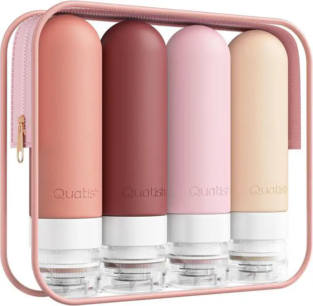 Main image of Quatish Travel Bottles for Toiletries, Original Patented Leak Proof Travel Size Containers, 3 oz Tsa Approved Silicone Shampoo and Conditioner Bottles, 4 Pack, Red Rock
