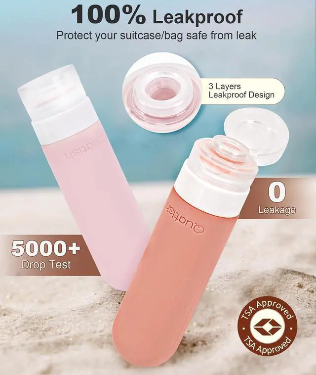 Alt view image 2 of 6 - Quatish Travel Bottles for Toiletries, Original Patented Leak Proof Travel Size Containers, 3 oz Tsa Approved Silicone Shampoo and Conditioner Bottles, 4 Pack, Red Rock