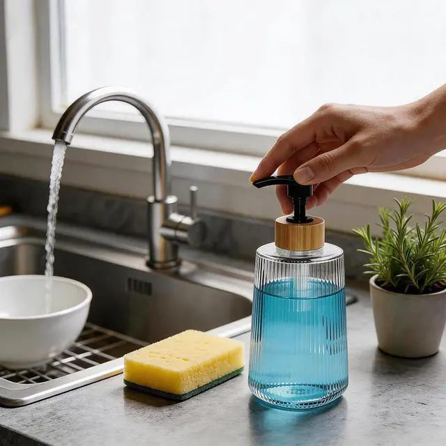Alt view image 3 of 7 - Glass Soap Dispenser, Thickened Glass Hand Soap Dispenser for Bathroom, Kitchen Dish Washing Liquid Bottles, Shampoo and Conditioner Bottles, Modern Farmhouse Style (Clear, Set of 1, 12oz)