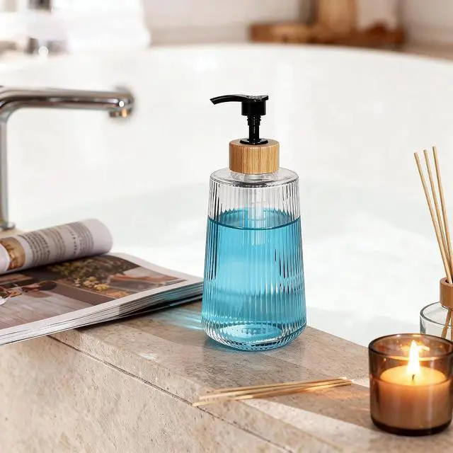 Alt view image 4 of 7 - Glass Soap Dispenser, Thickened Glass Hand Soap Dispenser for Bathroom, Kitchen Dish Washing Liquid Bottles, Shampoo and Conditioner Bottles, Modern Farmhouse Style (Clear, Set of 1, 12oz)
