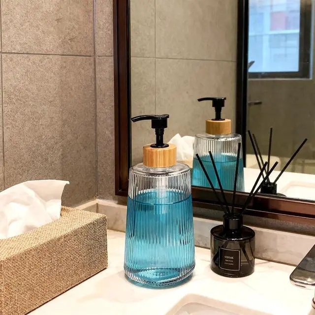Alt view image 5 of 7 - Glass Soap Dispenser, Thickened Glass Hand Soap Dispenser for Bathroom, Kitchen Dish Washing Liquid Bottles, Shampoo and Conditioner Bottles, Modern Farmhouse Style (Clear, Set of 1, 12oz)