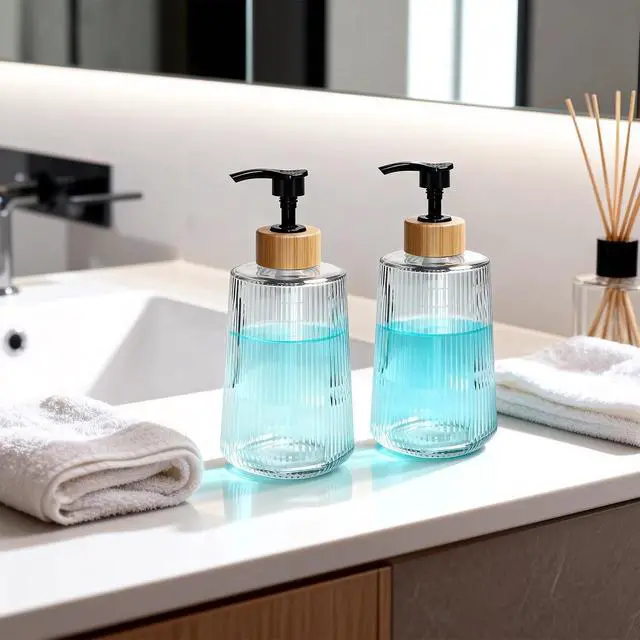 Alt view image 7 of 7 - Glass Soap Dispenser, Thickened Glass Hand Soap Dispenser for Bathroom, Kitchen Dish Washing Liquid Bottles, Shampoo and Conditioner Bottles, Modern Farmhouse Style (Clear, Set of 1, 12oz)
