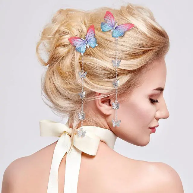 Alt view image 5 of 7 - PAGOW 8pcs Butterfly Hair Tassel Clips, Cute Alligator Barrettes | Decorative Butterfly Clips for Hair, Valentines Wedding Prom Birthday Hairpin Accessories for Women Girl-Blue Purple Pink