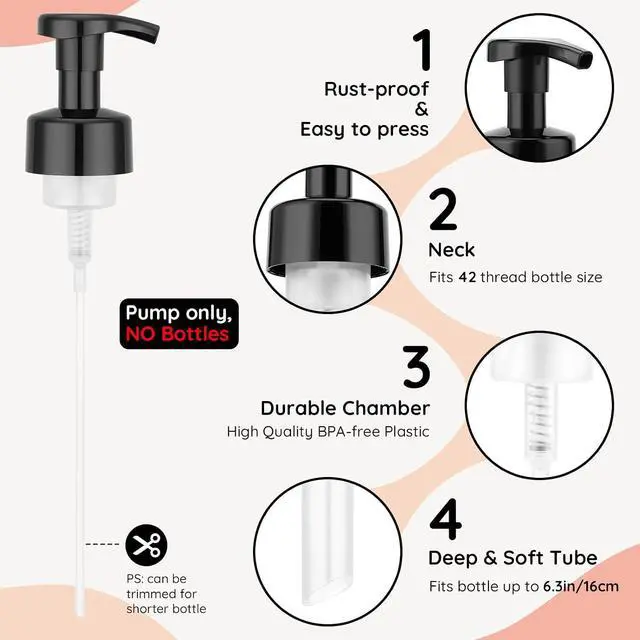 Alt view image 3 of 6 - Segbeauty 3pcs Black Foam Pump Replacement for Soap Dispenser, Bathroom Foaming Hand Soap Pump Replacement for Foamer Bottle, 42 Thread Size Kitchen Face Hand Wash Foaming Bottle Lid Reusable