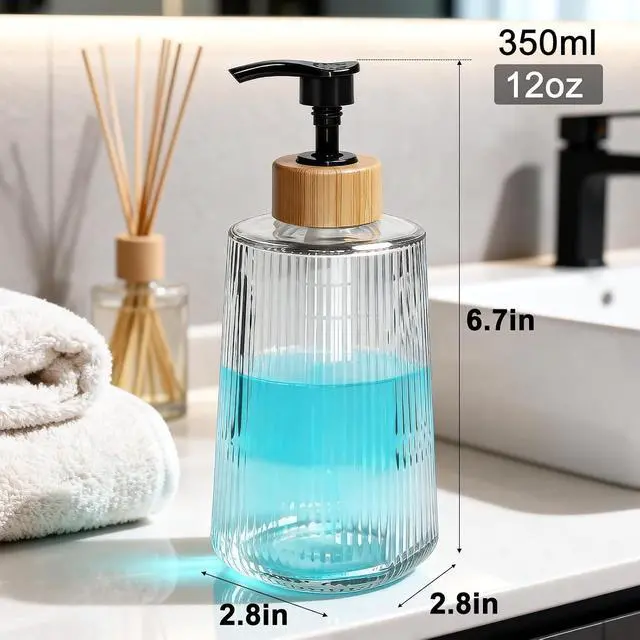 Alt view image 2 of 7 - Glass Soap Dispenser, Thickened Glass Hand Soap Dispenser for Bathroom, Kitchen Dish Washing Liquid Bottles, Shampoo and Conditioner Bottles, Modern Farmhouse Style (Clear, Set of 1, 12oz)