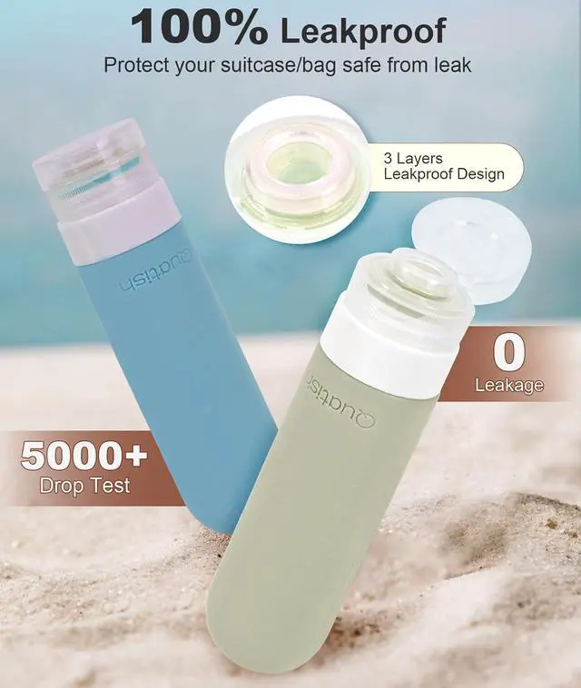 Alt view image 3 of 7 - Quatish Travel Bottles for Toiletries, Original Patented Leak Proof Travel Size Containers, 3 oz Tsa Approved Silicone Shampoo and Conditioner Bottles, 4 Pack, Morandi
