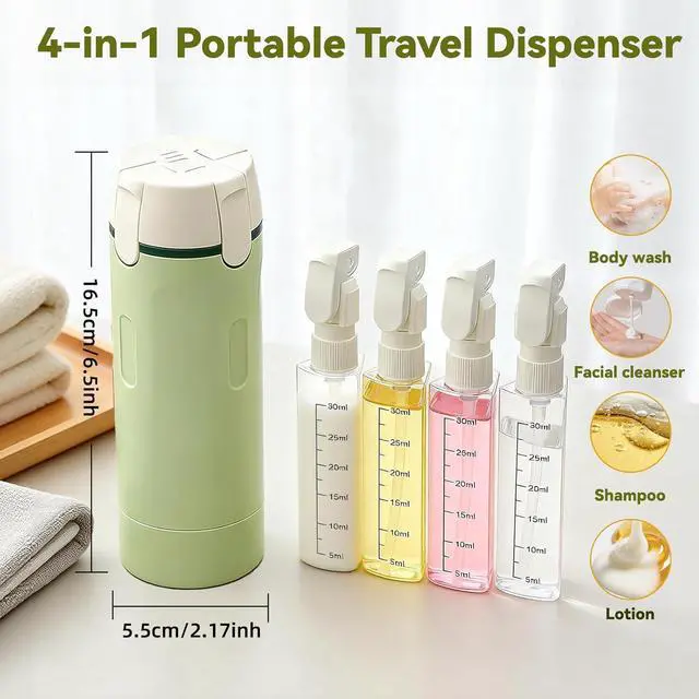 Alt view image 2 of 7 - 4 in 1 Travel Dispenser Bottle with Cleaning Brush,4 Pack 30ml Leak Proof Refillable Travel Size Toiletries Containers for Shampoo Conditioner,Portable Travel Bottles Set for Vacation Camping & Gym