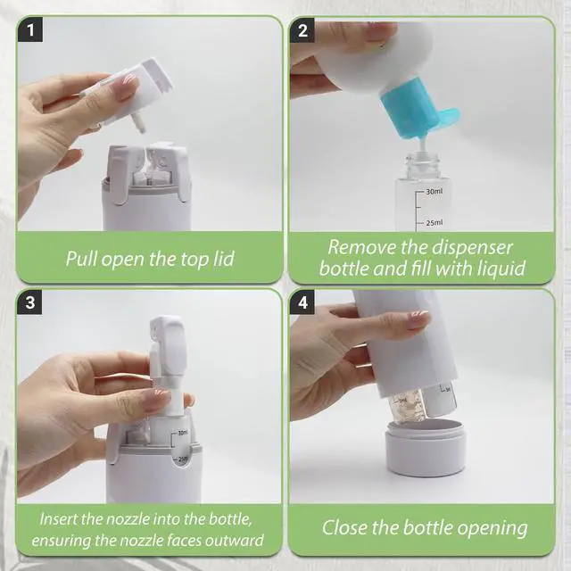 Alt view image 4 of 7 - 4 in 1 Travel Dispenser Bottle with Cleaning Brush,4 Pack 30ml Leak Proof Refillable Travel Size Toiletries Containers for Shampoo Conditioner,Portable Travel Bottles Set for Vacation Camping & Gym