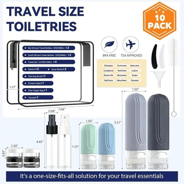 Alt view image 3 of 7 - Travel Bottles for Toiletries 10 Pack, TSA Approved Travel Size Toiletries Essentials Containers Set, Leak Proof Silicone Bottles Kit, Refillable Liquid & Creams Accessories (GRAY)