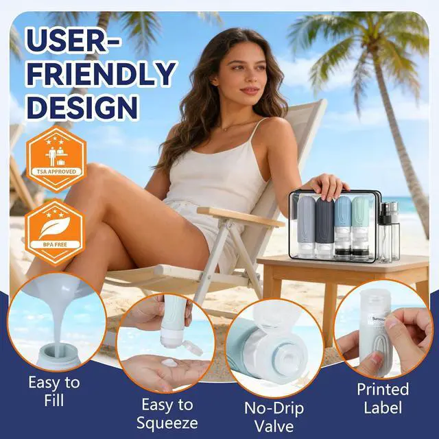Alt view image 4 of 7 - Travel Bottles for Toiletries 10 Pack, TSA Approved Travel Size Toiletries Essentials Containers Set, Leak Proof Silicone Bottles Kit, Refillable Liquid & Creams Accessories (GRAY)