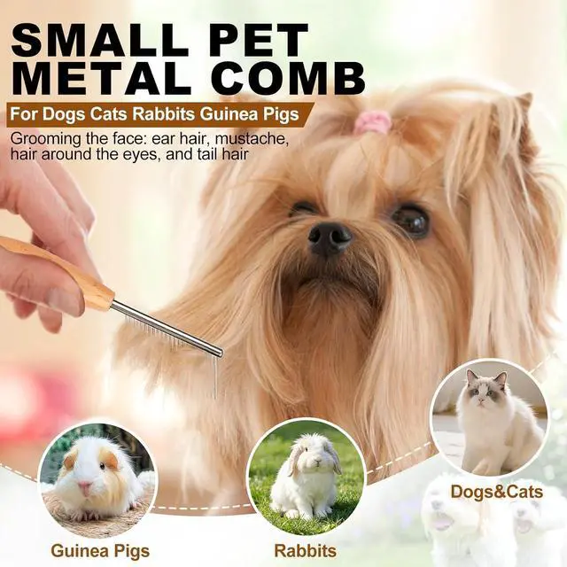 Alt view image 2 of 6 - HOP Small Dog Comb with Wooden Handle Metal Dog Eye Comb 4.17in/10.6cm | Pet Fine Tooth Flea Comb,Pet Grooming Tool for Dogs Cats Rabbits Guinea Pigs Gentle Remove Loose Hair Tangles Dirt Fleas