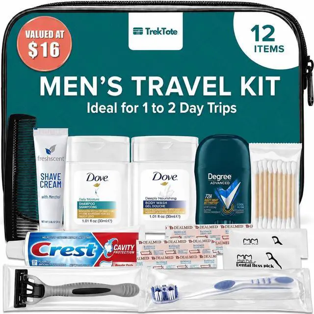 Main image of 12-Piece Mens Travel Toiletry Kit Premium Brand-Name Travel Toiletries | TSA Approved Travel Essentials with Shampoo, Body Wash, Shaving Cream, Deodorant & Oral Care in Clear Bag