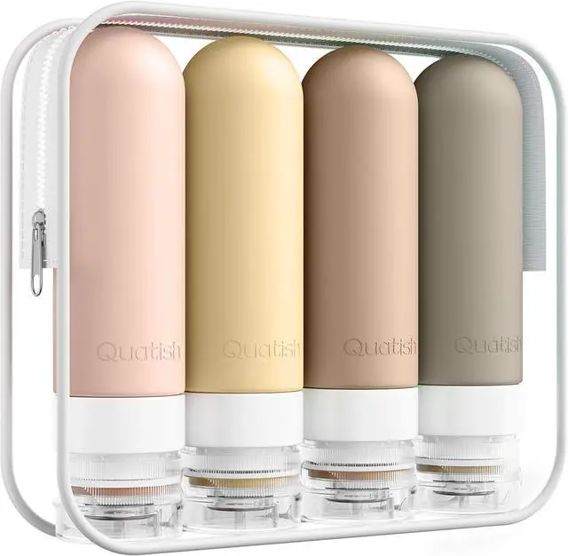 Main image of Quatish Travel Bottles for Toiletries, Original Patented Leak Proof Travel Size Containers, 3 oz Tsa Approved Silicone Shampoo and Conditioner Bottles, 4 Pack, Brown