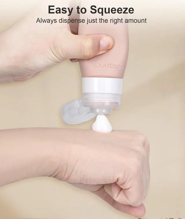 Alt view image 4 of 7 - Quatish Travel Bottles for Toiletries, Original Patented Leak Proof Travel Size Containers, 3 oz Tsa Approved Silicone Shampoo and Conditioner Bottles, 4 Pack, Brown