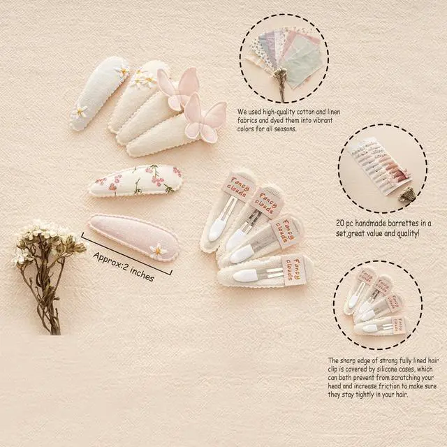 Alt view image 2 of 7 - Fancy Clouds 20 Pack Baby Hair Clips for Girls Toddler,Neutral Fabric Snap Clips Pins With Embroidery Daisy Flower Butterfly,Handmade Hair Accessories Barrettes for School Age Kids Children Gifts