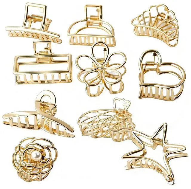 Main image of 10 Pack Gold Metal Hair Clips, Mini Claw Clips Secure Everyday Hair Accessories for Women and Teens, Strong Hold, Stylish and Versatile