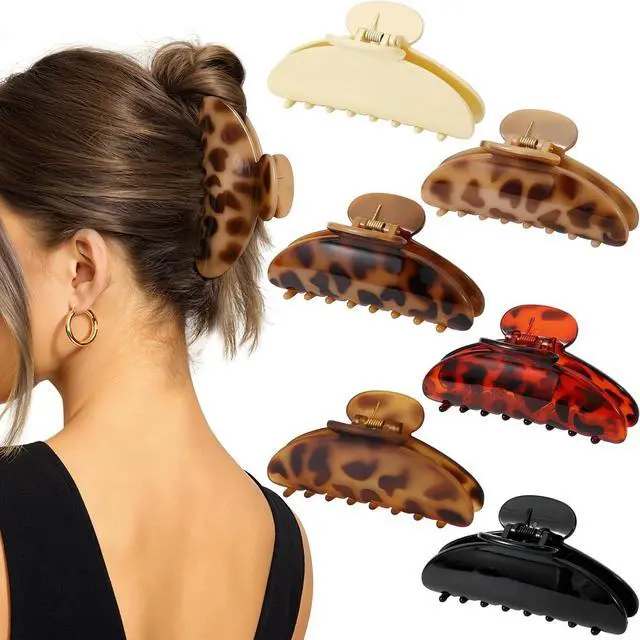 Main image of 6 Pack Leopard Print Hair Claw Clips for Women Large Non-Slip Celluloid Banana Clips, Tortoise Shell Jaw Barrettes for Thick Hair, Fashion Hair Accessories for Girls Gift