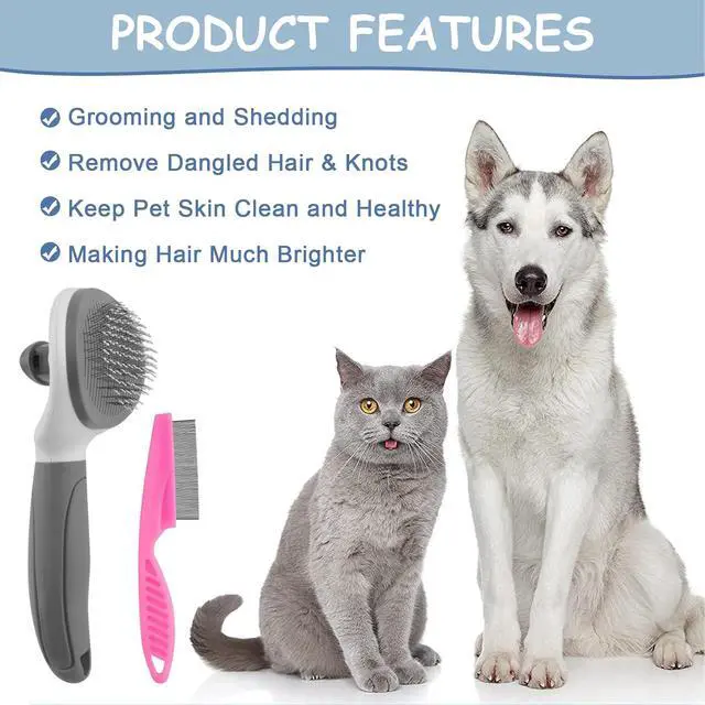 Alt view image 4 of 6 - Cat Brushes for Indoor Cats, Dog Brush for Shedding with Metal Cat Comb, Self Cleaning Pet Hair Brush with Release Button for Grooming Kitten(Dark Grey)