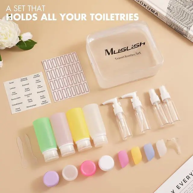 Alt view image 5 of 7 - Muslish 21 Pack Leak Proof Silicone Travel Bottles Set, TSA Approved Containers for Toiletries, Travel Size Accessories and Shampoo Conditioner Bottles with Toiletry Bag (BPA Free)