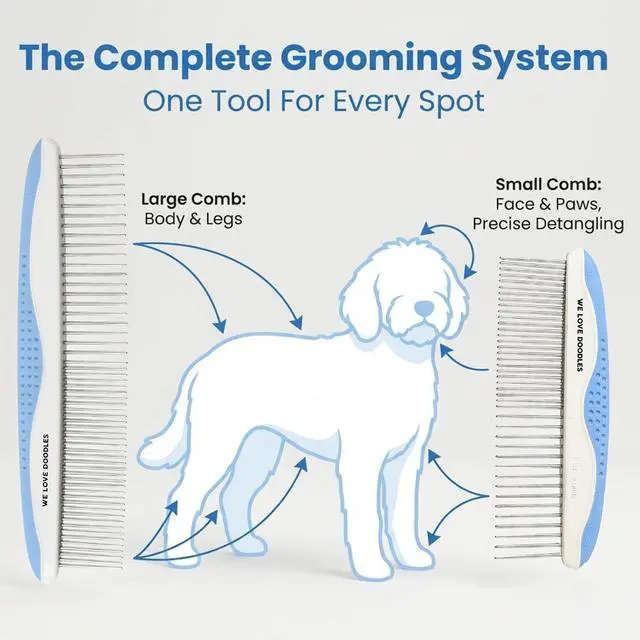 Alt view image 2 of 7 - Metal Comb for Dogs, Dog Grooming Detangler Combs For Matted Hair, Small | Best Comb for Golden Doodles & Poodles, For Dematting & Detangling Pets And Cats, Fine Tooth Stainless Steel Greyhound Comb