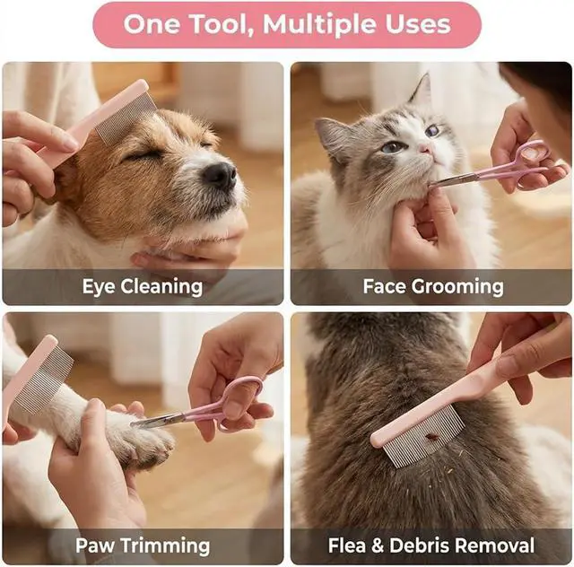 Alt view image 3 of 7 - 2 Pack Stainless Steel Pet Grooming Comb | Round-tip Mini Trimming Scissors Set, Gentle Tear Stain Eye Debris Remover for Dogs and Cats