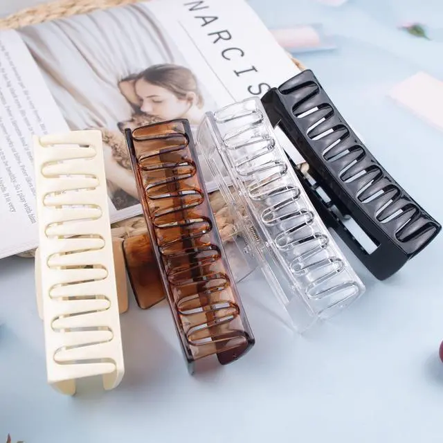 Alt view image 7 of 7 - 4 Pack Extra Large Hair Claw for Women, 5'' Strong Hold Bright Clamps for Thick and Long Hair, 90's Non-slip Square Jaw Clips for Curly Hair,