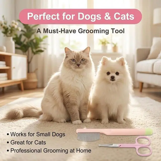Alt view image 4 of 7 - 2 Pack Stainless Steel Pet Grooming Comb | Round-tip Mini Trimming Scissors Set, Gentle Tear Stain Eye Debris Remover for Dogs and Cats