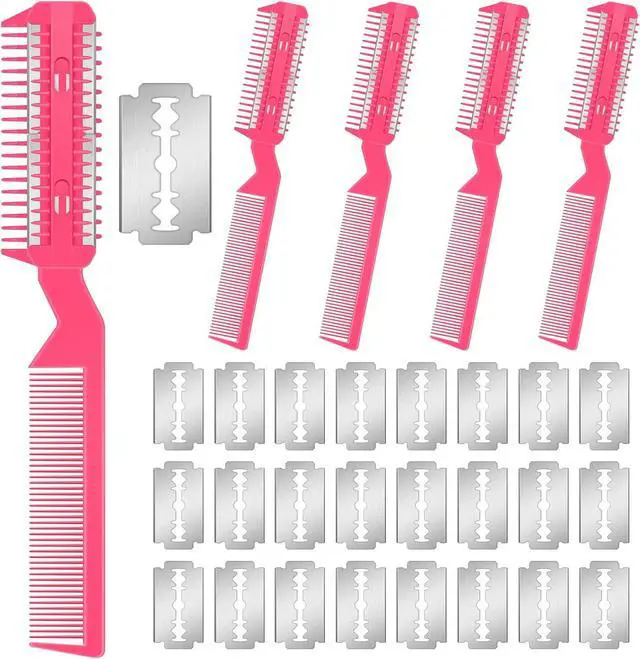 Main image of Yinkin 5-Piece Razor Comb for Dogs & Cats, Pink, Plastic & Stainless Steel, Small to Medium Dogs, 25 Extra Blades, Manual, Grooming & Trimming