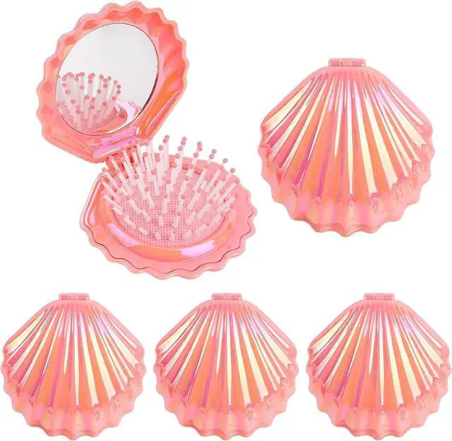 Main image of AUEAR, 4 Pack Foldable Travel Hair Brushes with Mirror Shell Shape Portable Folding Pocket Comb Pink