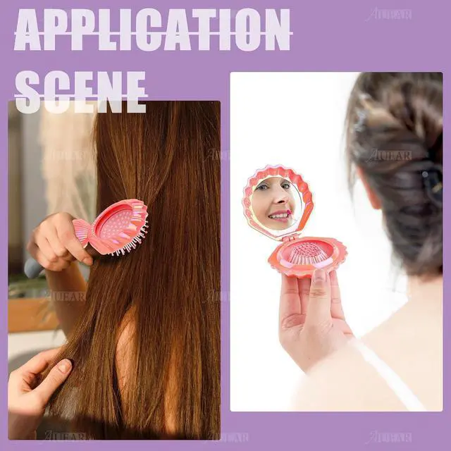 Alt view image 2 of 7 - AUEAR, 4 Pack Foldable Travel Hair Brushes with Mirror Shell Shape Portable Folding Pocket Comb Pink