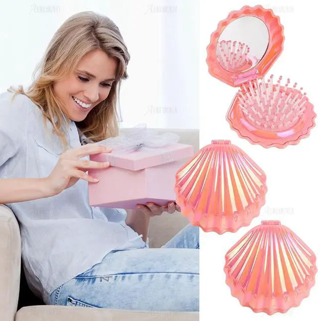 Alt view image 4 of 7 - AUEAR, 4 Pack Foldable Travel Hair Brushes with Mirror Shell Shape Portable Folding Pocket Comb Pink