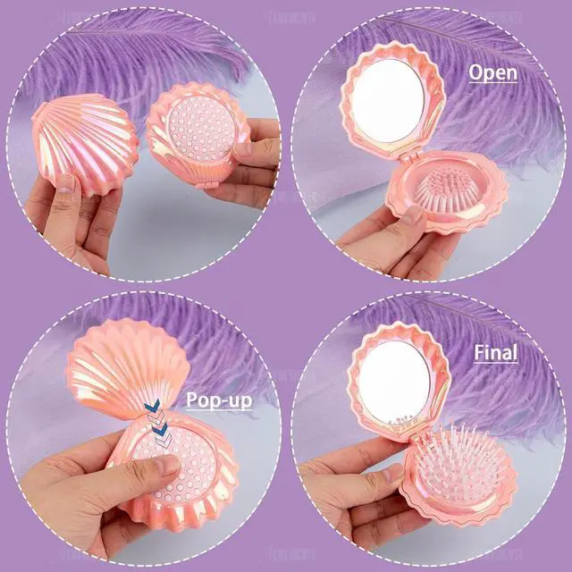 Alt view image 7 of 7 - AUEAR, 4 Pack Foldable Travel Hair Brushes with Mirror Shell Shape Portable Folding Pocket Comb Pink