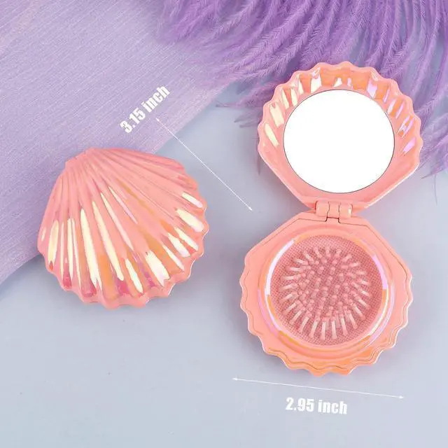Alt view image 5 of 7 - AUEAR, 4 Pack Foldable Travel Hair Brushes with Mirror Shell Shape Portable Folding Pocket Comb Pink