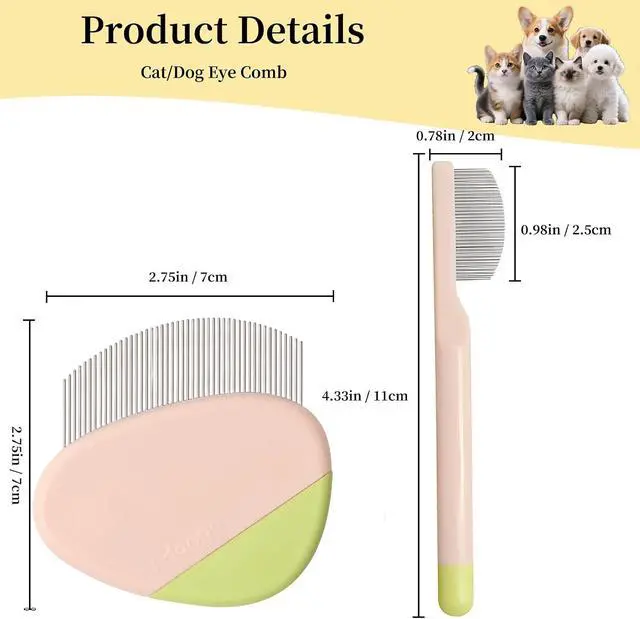 Alt view image 2 of 7 - 2 Pack Stainless Steel Dog Eye Comb, Puppy Flea Brush (Pink) | Small Design for Pet Facial & Paw Grooming, Round-Tip Arc Teeth, Fit Yorkie, Shih Tzu, Maltese, Maltipoo, Pomeranian, Cat