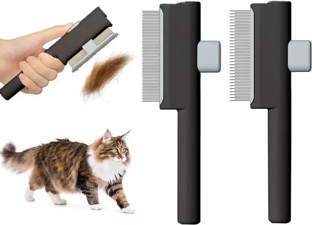 Main image of Marchul 2Pcs Pet Comb Flea Comb Set for Cats Dogs, Cat Grooming Brush with Release Button and Stainless Steel Round Teeth, Self-Cleaning Dog Combs for Removing Pet Hair, Knots & Loose Fur, Black